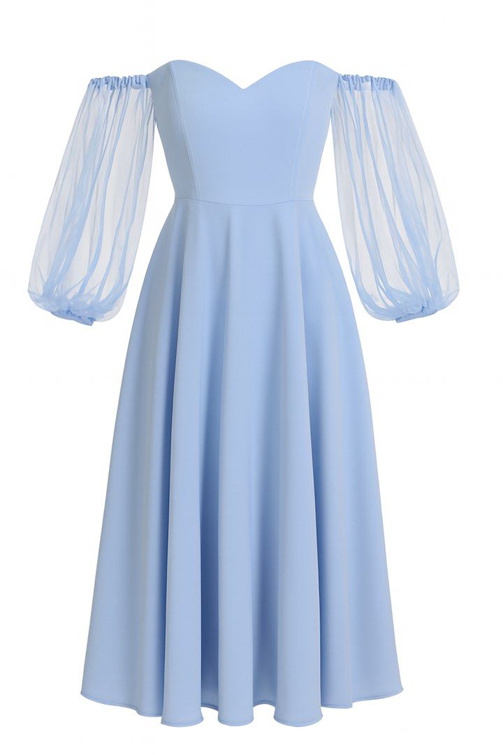 Light Blue Tea Length Gown (Category: Dresses) located in Makati City. Submitted by harekrisha (Listing ID 1422560411, Image 1). Description: Worn once for a special event when I was one year postpartum (size Medium). This dress features an elegant off-shoulder design with a sweetheart neckline, sheer bishop sleeves, and a flattering A-line tea-length skirt. Made from smooth, flowing formal fabric in a soft blue shade. Originally paid ₱8,000. The
