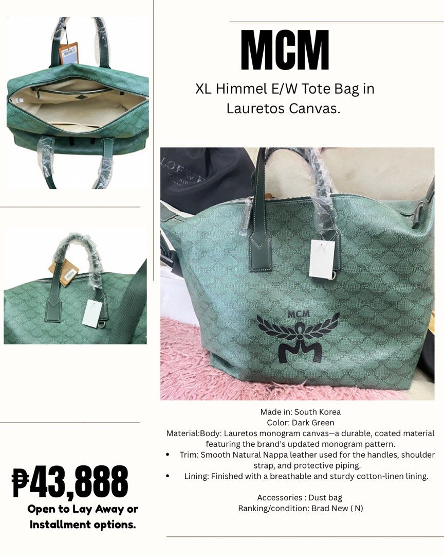 MCM XL Himmel E/W Tote Bag (Category: Luxury Bags & Wallets) located in Manila. Submitted by athenaluxeandco (Listing ID 1422548324, Image 1). Description: - MCM XL Himmel E/W Tote Bag - Dark Green Lauretos monogram canvas - Smooth Natural Nappa leather trim - Includes shoulder strap - Cotton-linen lining - Comes with dust bag.