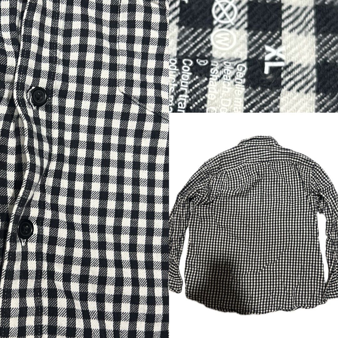 Muji Gingham Checkered Shirt (Category: Longsleeves) located in Urdaneta. Submitted by randomjess00 (Listing ID 1422658181, Image 2). Description: Black and white checkered shirt. Features a button-down front closure and a chest pocket. The shirt has long sleeves and a classic collar. The size is XL. The shirt has a regular fit..