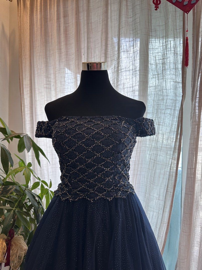 Navy Blue Off-Shoulder Ball Gown (Category: Evening dresses & gowns) located in Manila. Submitted by kwoooky (Listing ID 1422623468, Image 2). Description: Midnight Blue prom gown/ball gown Adjustable back Offshoulder Better Fit small - semi large.