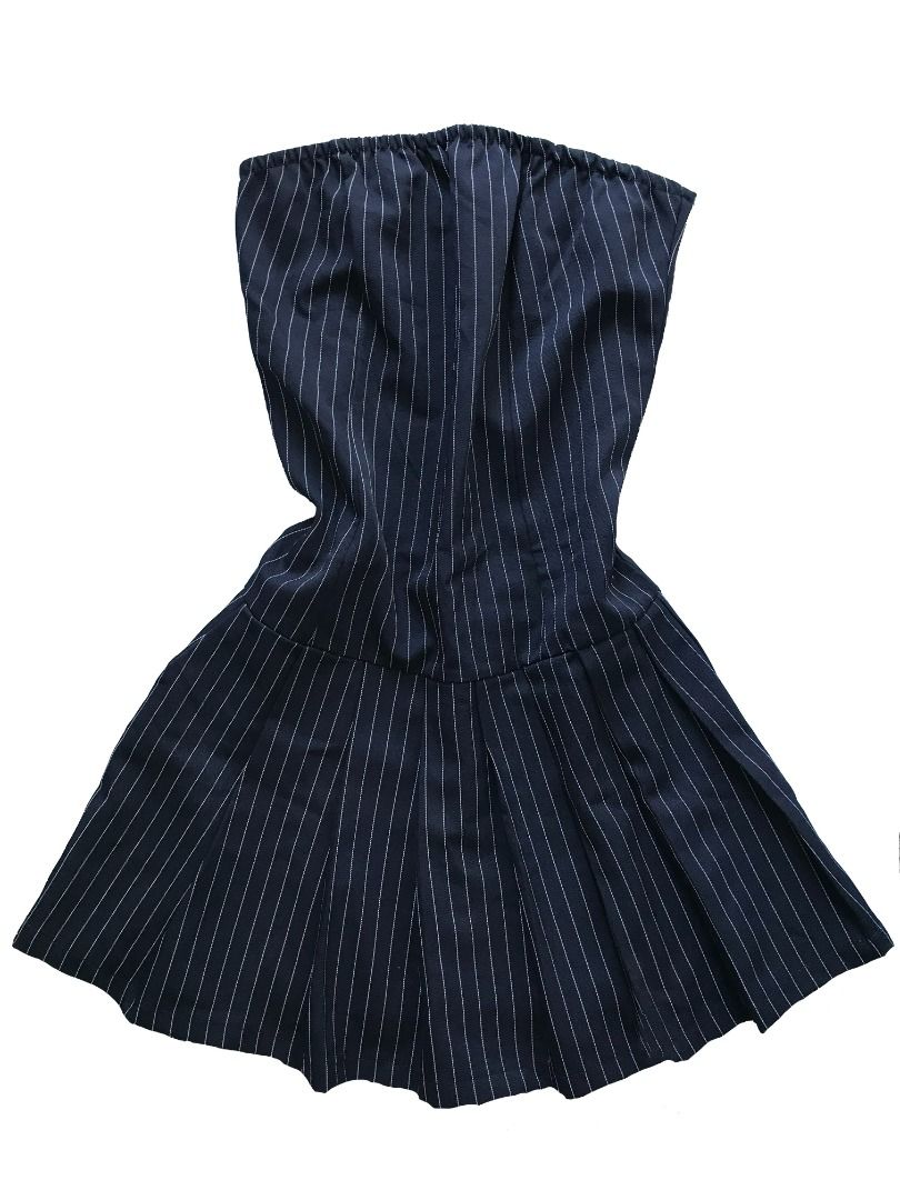 Navy Blue Striped Strapless Dress - Size S (Category: Dresses) located in Bulacan. Submitted by roomarchive (Listing ID 1422700314, Image 1). Description: - Navy blue strapless dress - Classic striped pattern - Fitted bodice with shirring at the back - Pleated skirt - Length: 23-24in - Size: S - Material: 95% polyester, 5% other materials - Made in China.