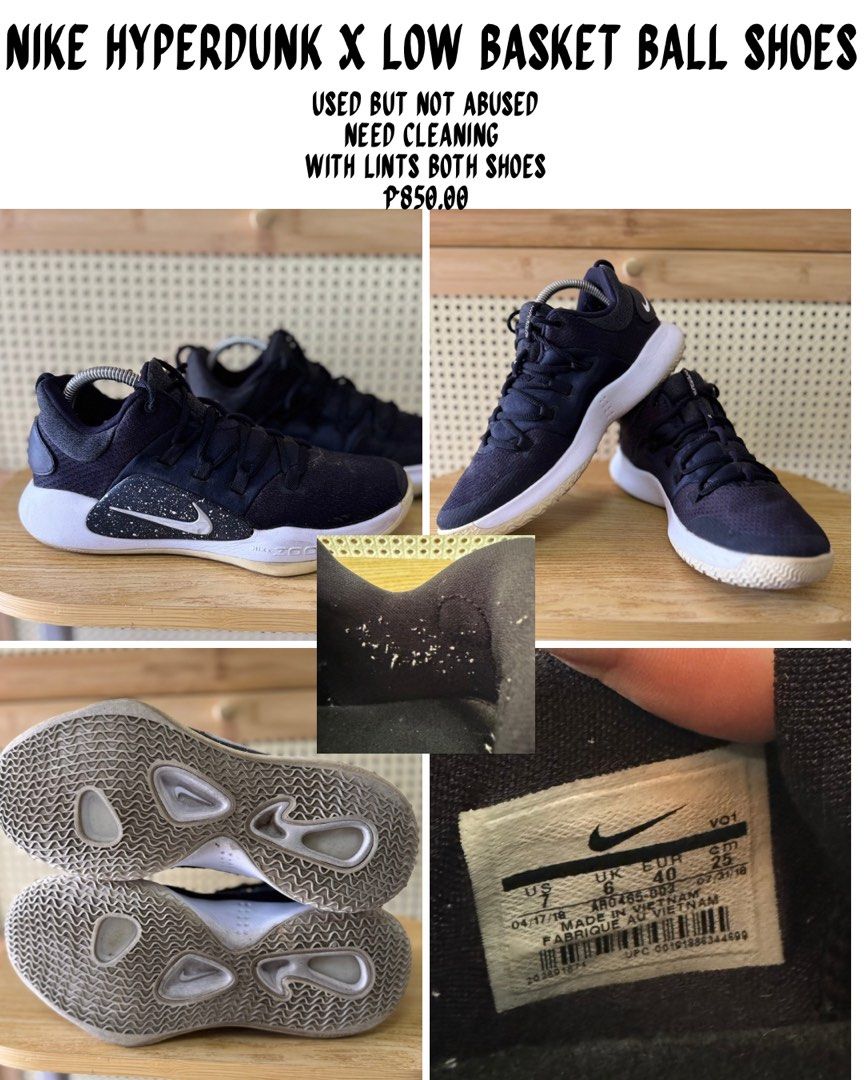 Nike Hyperdunk X Low Basketball Shoes (Category: Sneakers) located in Sablan. Submitted by bag.a.holic.bygaile.ph (Listing ID 1422548042, Image 1). Description: - Nike Hyperdunk X Low basketball shoes - Size: US 7, EUR 40 - Made in Vietnam - Condition: Needs cleaning, some lint present - Original Price: P850.00.