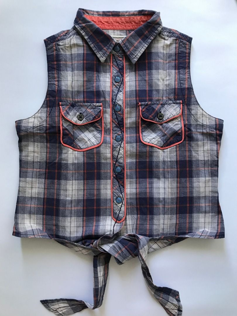 Petrol Checked Sleeveless Shirt - Size S (Category: Shirts) located in Bulacan. Submitted by roomarchive (Listing ID 1422701124, Image 1). Description: - Petrol sleeveless shirt - Checked pattern - Button-down front - Two front pockets - Waist tie detail - Coral-colored trim - Size: Small.