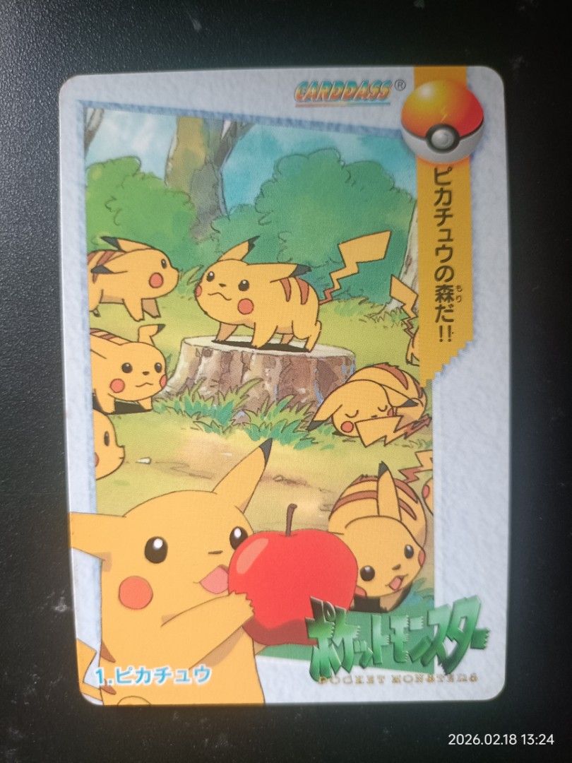 Pikachu Carddass #1 (Category: Raw Singles) located in Kalibo. Submitted by anything_random (Listing ID 1422682767, Image 1). Description: - Vintage Pokemon trading card - Features Pikachu and other Pokemon in a forest scene - From the Pocket Monsters Anime Collection - Made by Bandai, 1998 - Made in Japan - In Japanese - Perfect for Pokemon collectors!.