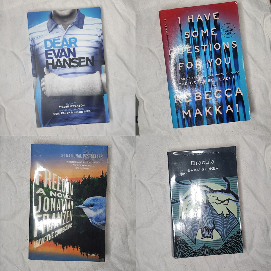 Rare Books for Sale (Category: Storybooks) located in Quezon City. Submitted by nicole.56334 (Listing ID 1422662222, Image 1). Description: Selling books from my personal collection! SF shouldered by buyer. • Dear Evan Hansen: The Complete Books and Lyrics, TPB, lightly used — 600 • I Have Some Questions For You by Rebecca Makkai, TPB, lightly used — 450 • Freedom by Jonathan Franzen, TPB, lightly used — 200 • Dracula by Bram Stoker, TPB, Wordswo