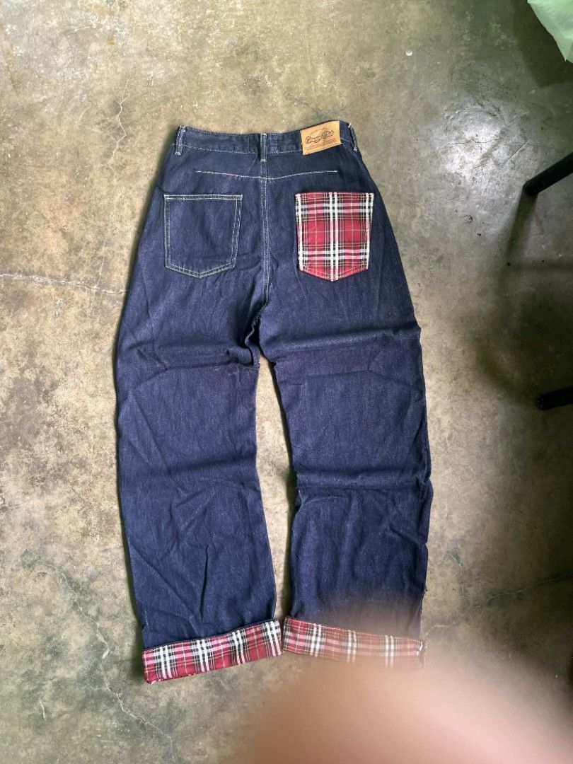 Raw Denim Jeans with Plaid Accents (Category: Jeans) located in Camalaniugan. Submitted by get_trifty (Listing ID 1422554916, Image 2). Description: W: 31 L: 42 T: 12.5 LO: 11 CONDITION: 10/10 CR: 10/10 FLAWS: NONE.