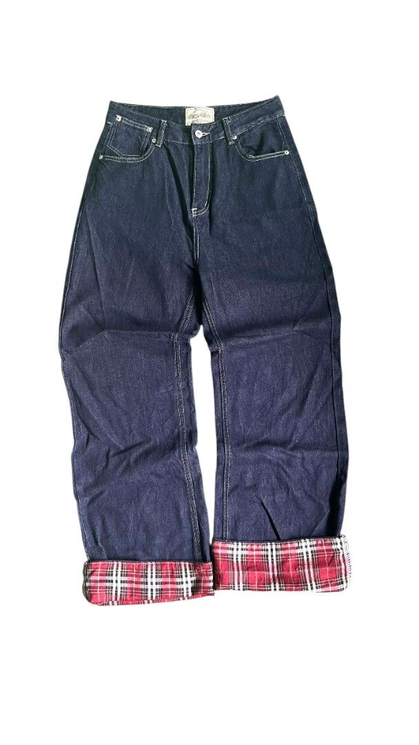 Raw Denim Jeans with Plaid Accents (Category: Jeans) located in Camalaniugan. Submitted by get_trifty (Listing ID 1422554916, Image 1). Description: W: 31 L: 42 T: 12.5 LO: 11 CONDITION: 10/10 CR: 10/10 FLAWS: NONE.