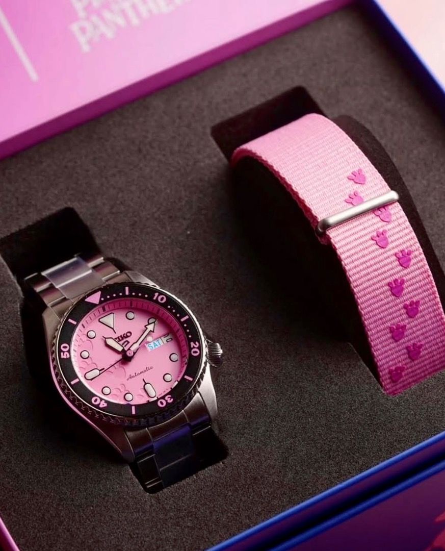 Seiko 5 Pink Panther Automatic Watch SRPM07K1 (Category: Luxury Watches) located in Caloocan City. Submitted by youngtree-290c (Listing ID 1422547722, Image 2). Description: - Seiko 5 watch with a unique Pink Panther design - Eye-catching pink dial - Comes with a stainless steel bracelet AND a bonus pink strap with paw prints! - Day-date display - Rotating bezel - Automatic movement.