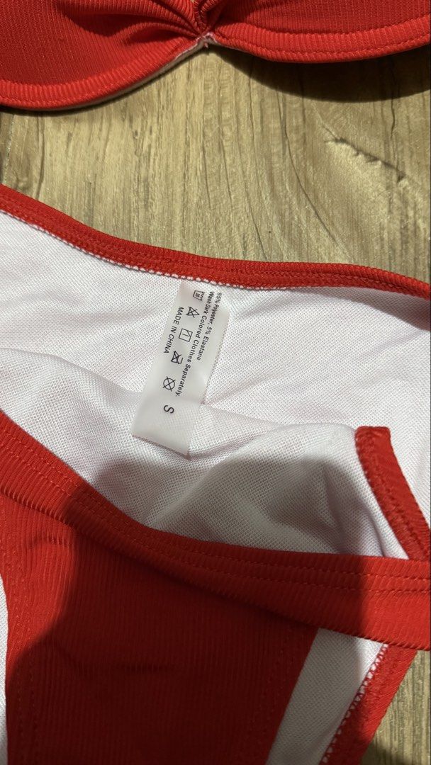 SHEIN Red Ribbed Bikini Set (Category: Bikinis & Swimsuits) located in Manila. Submitted by threshold01 (Listing ID 1422659938, Image 3). Description: -Never been used, washed - Red ribbed bikini set - Size: S - Top: Adjustable straps, clasp closure at the back .
