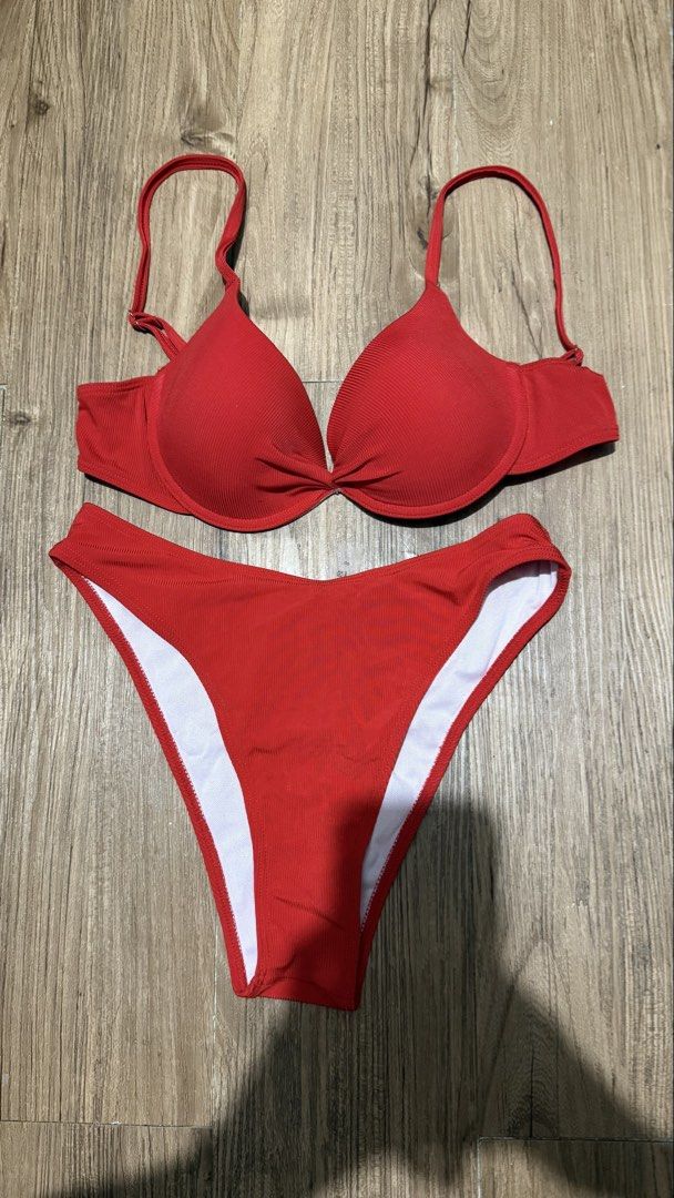 SHEIN Red Ribbed Bikini Set (Category: Bikinis & Swimsuits) located in Manila. Submitted by threshold01 (Listing ID 1422659938, Image 2). Description: -Never been used, washed - Red ribbed bikini set - Size: S - Top: Adjustable straps, clasp closure at the back .