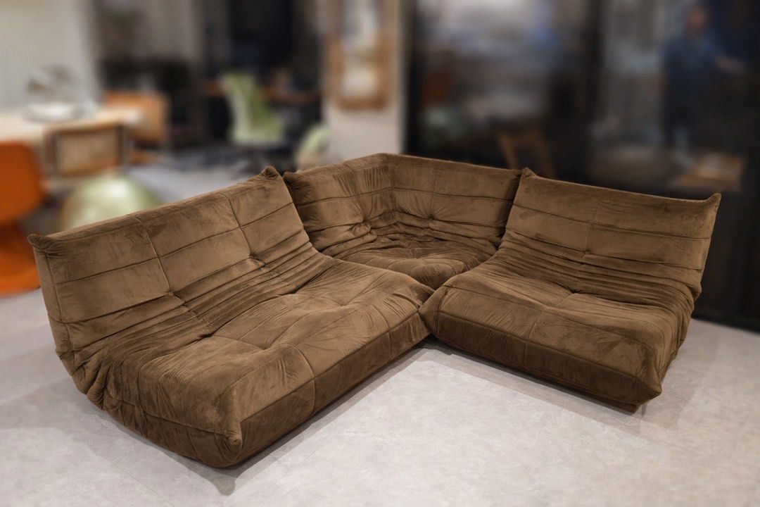 Togo Repro Brown Sofa (Category: Sofas) located in Mandaluyong City. Submitted by fphoney (Listing ID 1422640412, Image 1). Description: - 2-seater, Corner, and 1-seater - Brown Holland velvet fabric - Modular sectional design - Well-padded and comfortable - Suitable for living room or lounge - Togo design reproduction by Bauhaus - 2-seater slight damage on stitching, other seats are okay.