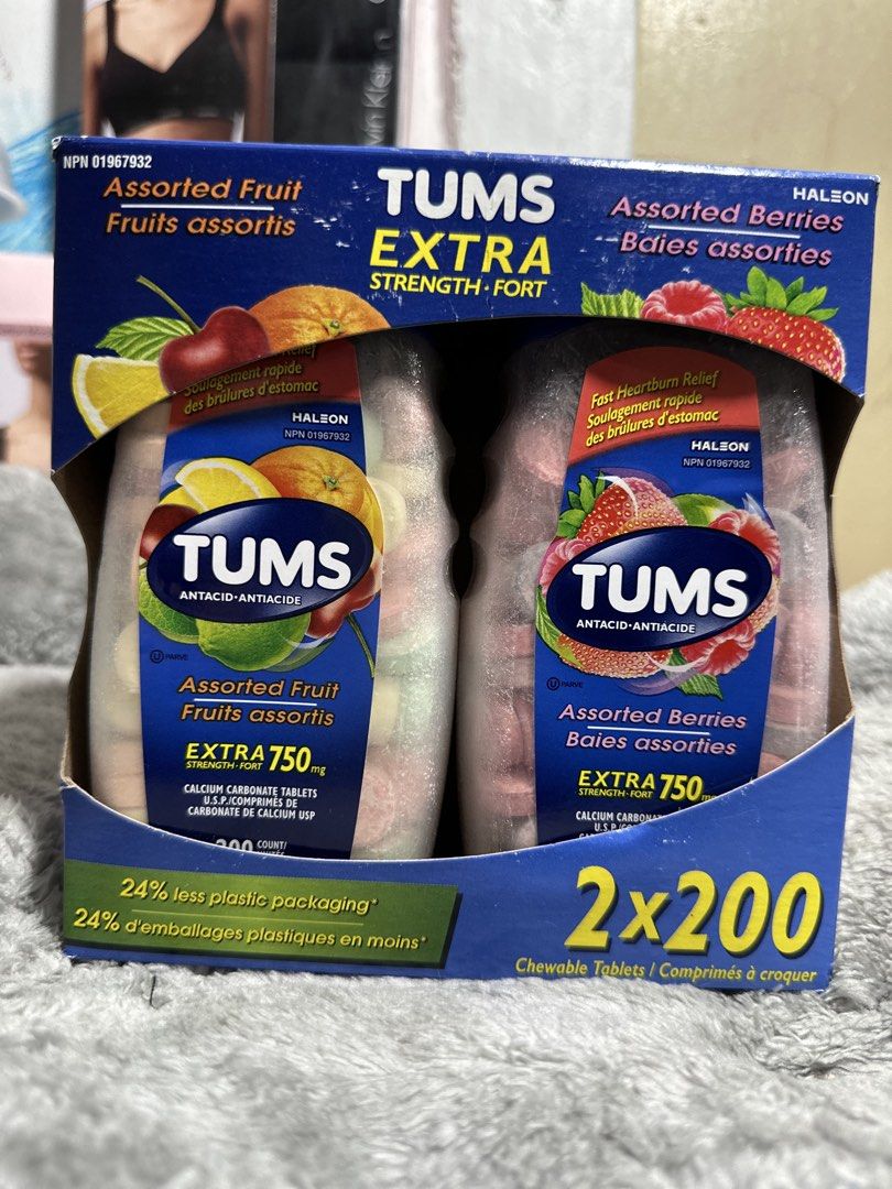 TUMS Extra Strength Assorted Fruit & Berries (Category: Health Food, Drinks & Tonics) located in Quezon City. Submitted by peachysexy1828 (Listing ID 1422558646, Image 1). Description: - TUMS Extra Strength antacid tablets - Assorted Fruit and Assorted Berries flavors - Each box contains 2 x 200 chewable tablets - Provides fast heartburn relief - Contains calcium carbonate - 24% less plastic packaging.