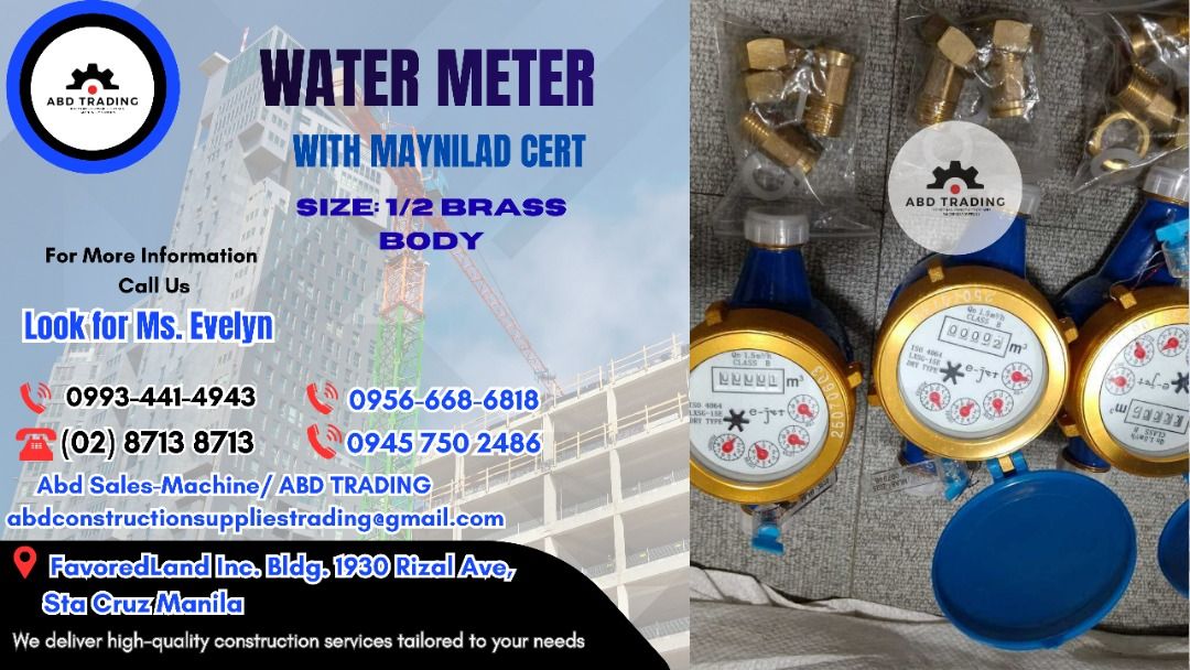 WATER METER (Category: Construction Tools & Equipment) located in Manila. Submitted by _abdtrading (Listing ID 1422594552, Image 1). Description: WATER METER (WITH MAYNILAD CERT ) SIZE: 1/2 BRASS BODY ABD CONSTRUCTION SUPPLIES TRADING OPC Price is subject to change without prior notice DTI Registered & BIR Accredited -🛠️Machinery -🛠️ Tools -🛠️ Electrical -🛠️ Industrial & Construction -🛠️ Fittings -🛠️ Personal Protective Equipment ABD CONSTR