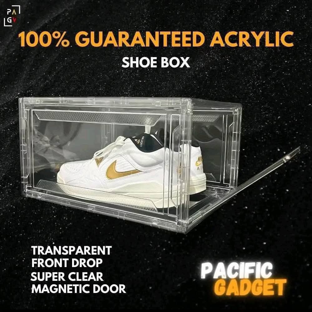 Acrylic Shoe Box Magnetic Front Drop Stackable Large Sneaker Container (Category: Storage Boxes & Baskets) located in Manila. Submitted by jelai.cybyb (Listing ID 1422802235, Image 2). Description: 480 each 4pcs 1700.