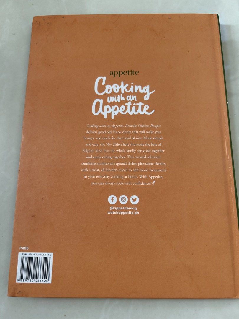 Appetite Cooking with an Appetite Cookbook (Category: Cookware & Accessories) located in Manila. Submitted by garagesale994 (Listing ID 1422835460, Image 2). Description: - Features over 50 Filipino recipes - Includes traditional and classic dishes - Perfect for everyday cooking - Adds excitement to your meals.