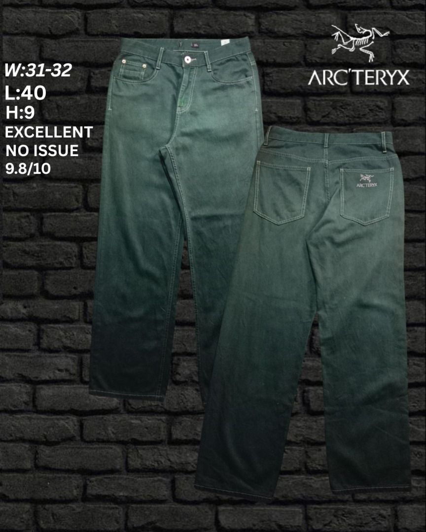 Arc'teryx Green Pants W31-32 (Category: Jeans) located in Manila. Submitted by rains.538 (Listing ID 1422852327, Image 1). Description: - Arc'teryx green pants - Straight leg - Waist: W31-32 - Length: L40 - Condition: Excellent (9.8/10) - Features: Classic five-pocket design, Arc'teryx logo on back pocket -Cut tags.