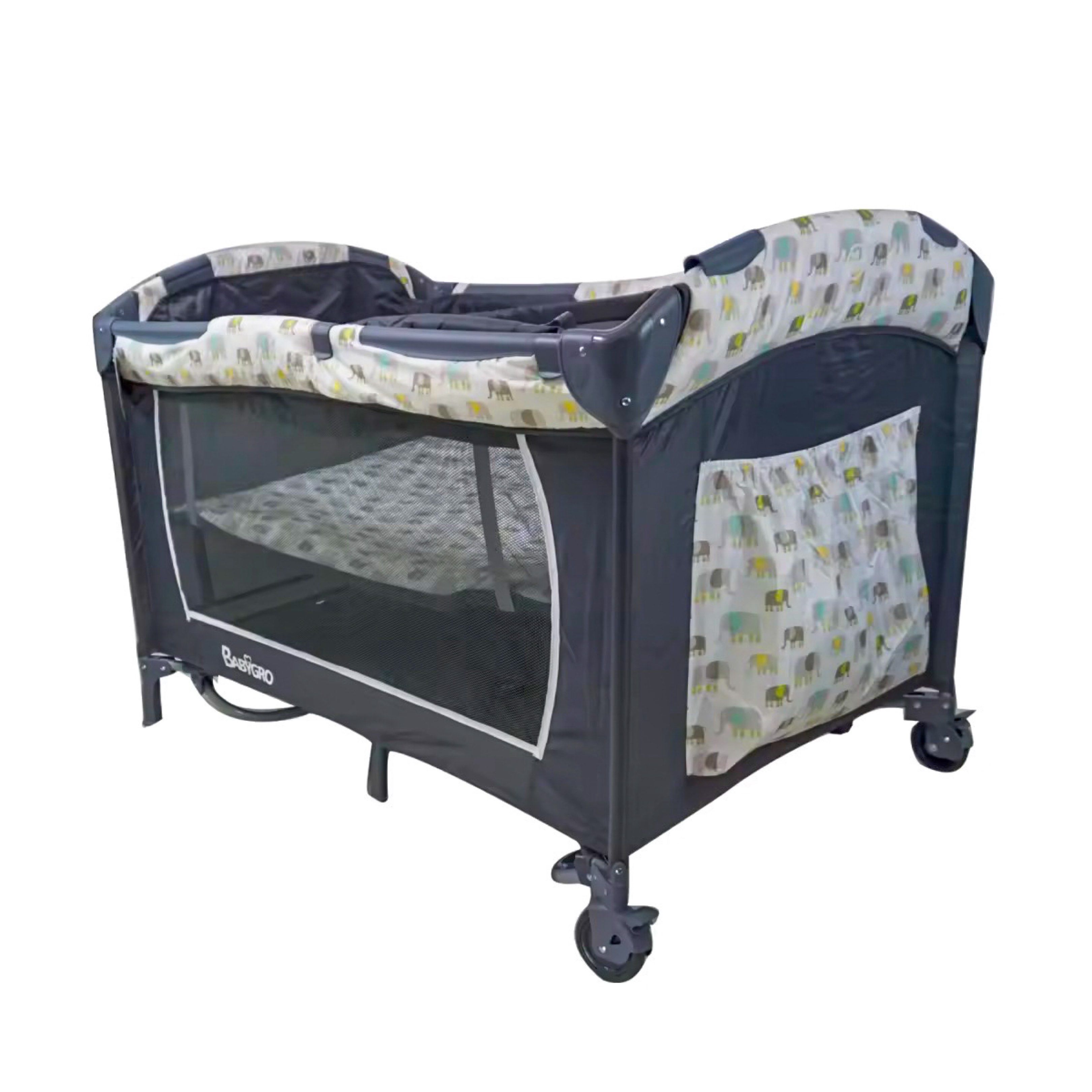 Babygro Playpen / Crib Elephant Set (Category: Cots & Cribs) located in Manila. Submitted by passmystyle (Listing ID 1422883943, Image 2). Description: •Good as new •Compact fold with nylon travel bag •Regular sized Pock n Play •Multifunctional crib, travel cot and playpen •Full size removable mattress and bassinet •2 wheels with brake for easy mobility •Quick and easy to assemble •Steel frame •Mosquito net •Toybar •Diaper Changer •Double layer h