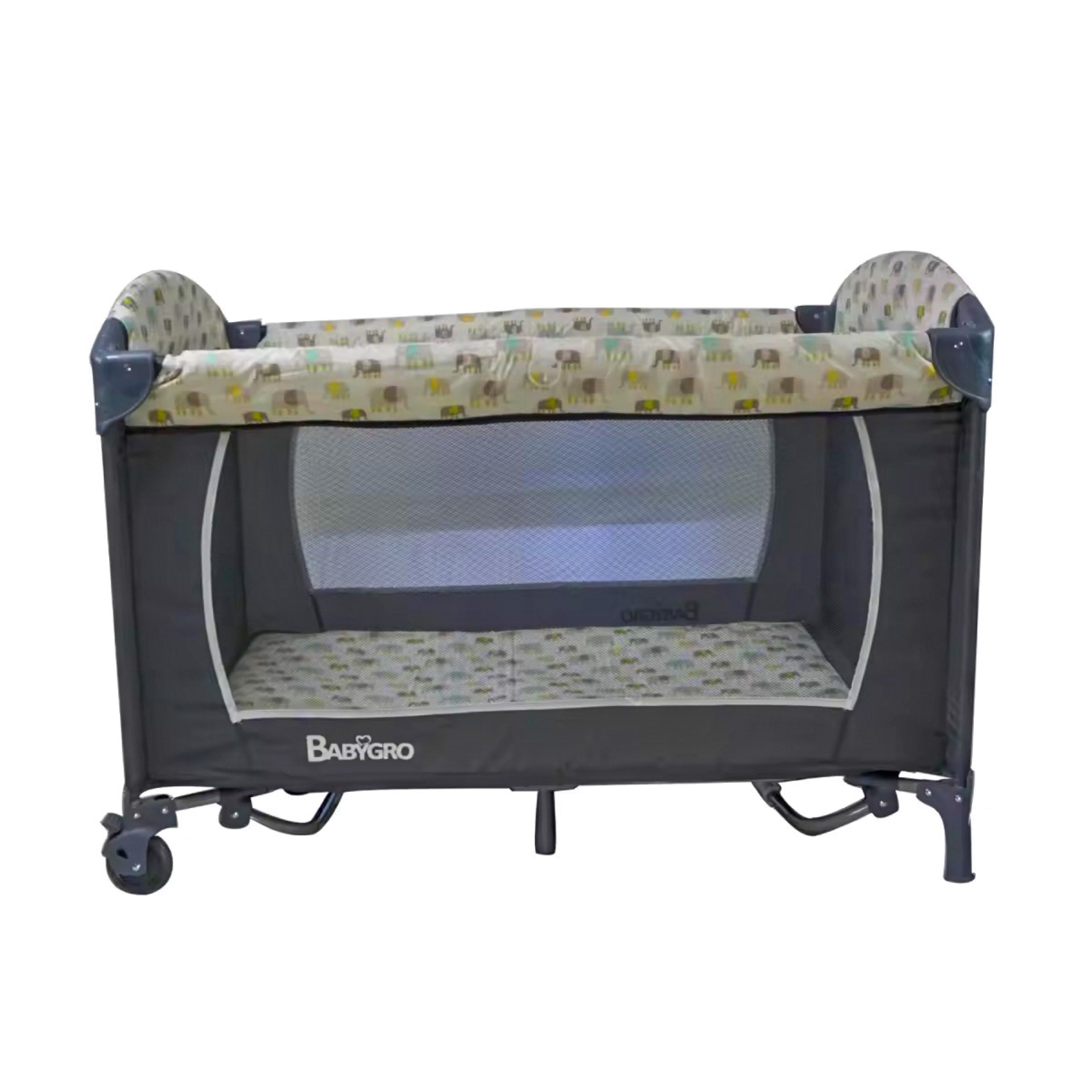Babygro Playpen / Crib Elephant Set (Category: Cots & Cribs) located in Manila. Submitted by passmystyle (Listing ID 1422883943, Image 1). Description: •Good as new •Compact fold with nylon travel bag •Regular sized Pock n Play •Multifunctional crib, travel cot and playpen •Full size removable mattress and bassinet •2 wheels with brake for easy mobility •Quick and easy to assemble •Steel frame •Mosquito net •Toybar •Diaper Changer •Double layer h