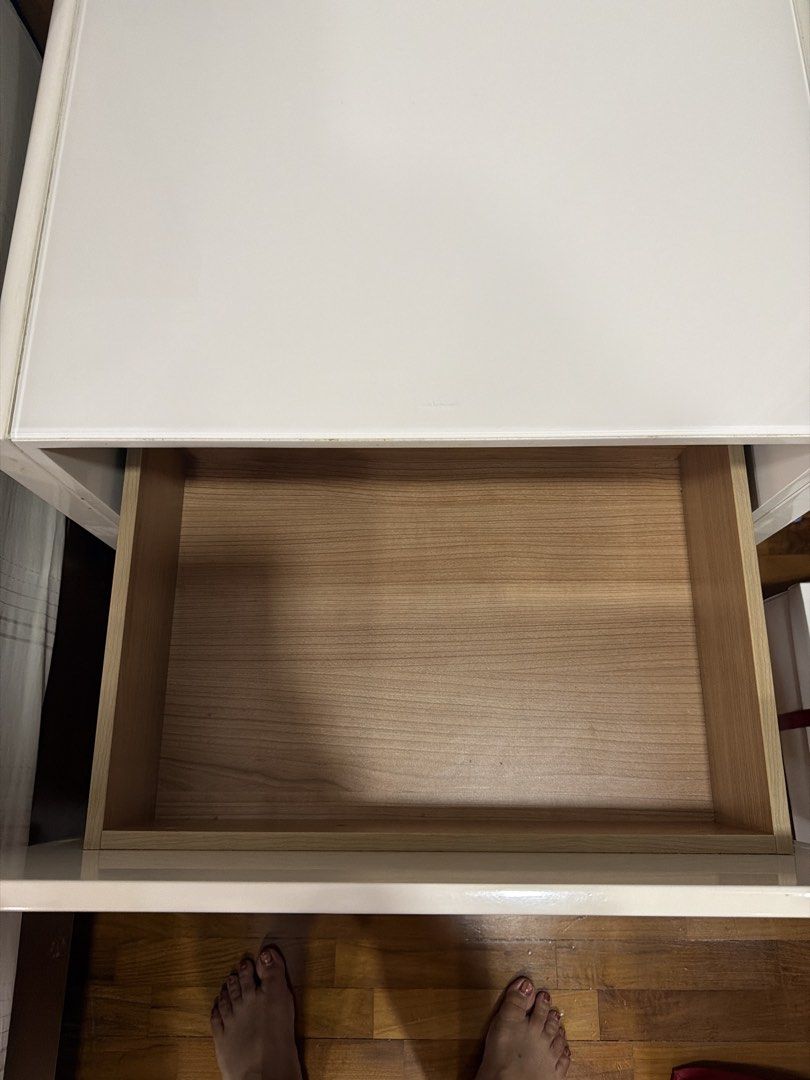 Bedside table (Category: Tables & Sets) located in Singapore. Submitted by avarey1985 (Listing ID 1422816194, Image 2). Description: Bedside table Solid wood with tempered glass on top Beige/cream with walnut Wooden legs in walnut Self collection.