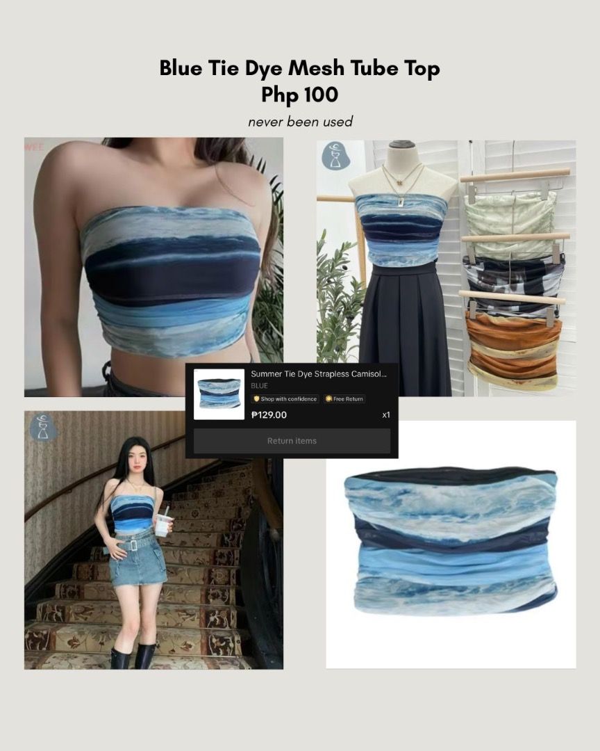 Blue Tie Dye Mesh Tube Top (Category: Sleeveless) located in Makati City. Submitted by dcloset.ph_ (Listing ID 1422877966, Image 1). Description: - You can message me for more details and pictures/videos - Colors may slightly vary due to lighting. - Payment must be made before pick up/booked - No COD - MOP: Gcash, Maya, Unionbank, BDO - Buy 5 items = ₱50 OFF.