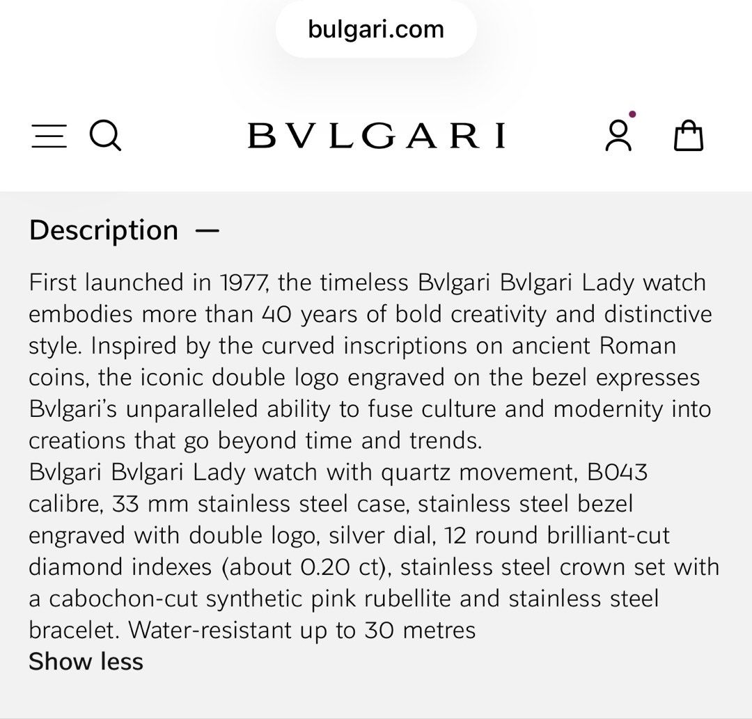 Bvlgari Watch - Silver Dial (Category: Watches) located in Singapore. Submitted by OliveJalapeno (Listing ID 1422800982, Image 2). Description: VERY GOOD BUY - Bvlgari Watch, Authentic, - Very new, rarely worn, got it from paragon, june 2025. - Comes with original box, case, pouch, and paperwork - Features a silver dial - Stainless steel bracelet - Perfect for any occasion - Timeless and elegant design - selling due to already have similar piece 
