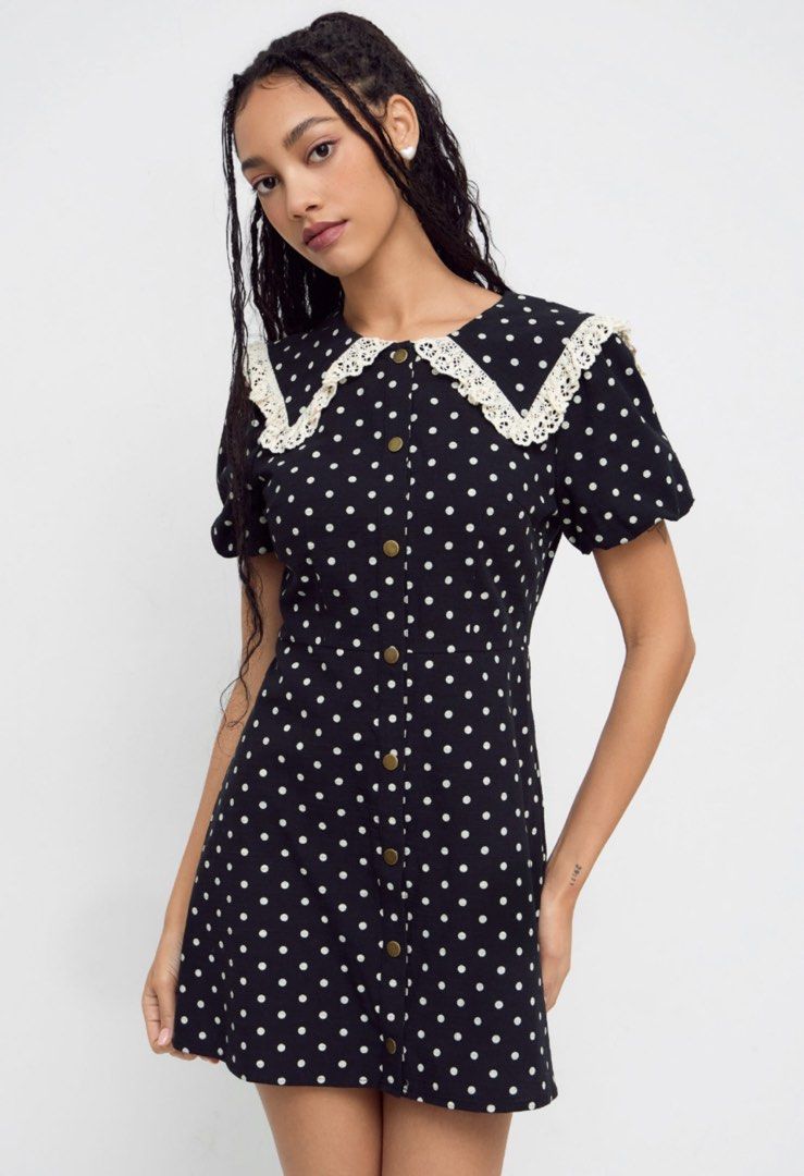 Cider Polka Dot Dress XS (Category: Dresses) located in Makati City. Submitted by jddeclutters (Listing ID 1422821875, Image 3). Description: - Cider black polka dot dress - Size: XS - Peter Pan collar with lace trim - Button-down front - Short sleeves - Fitted waist Worn once! Does not suit me at all! Sorry i these photos the dress is unsteamed. .