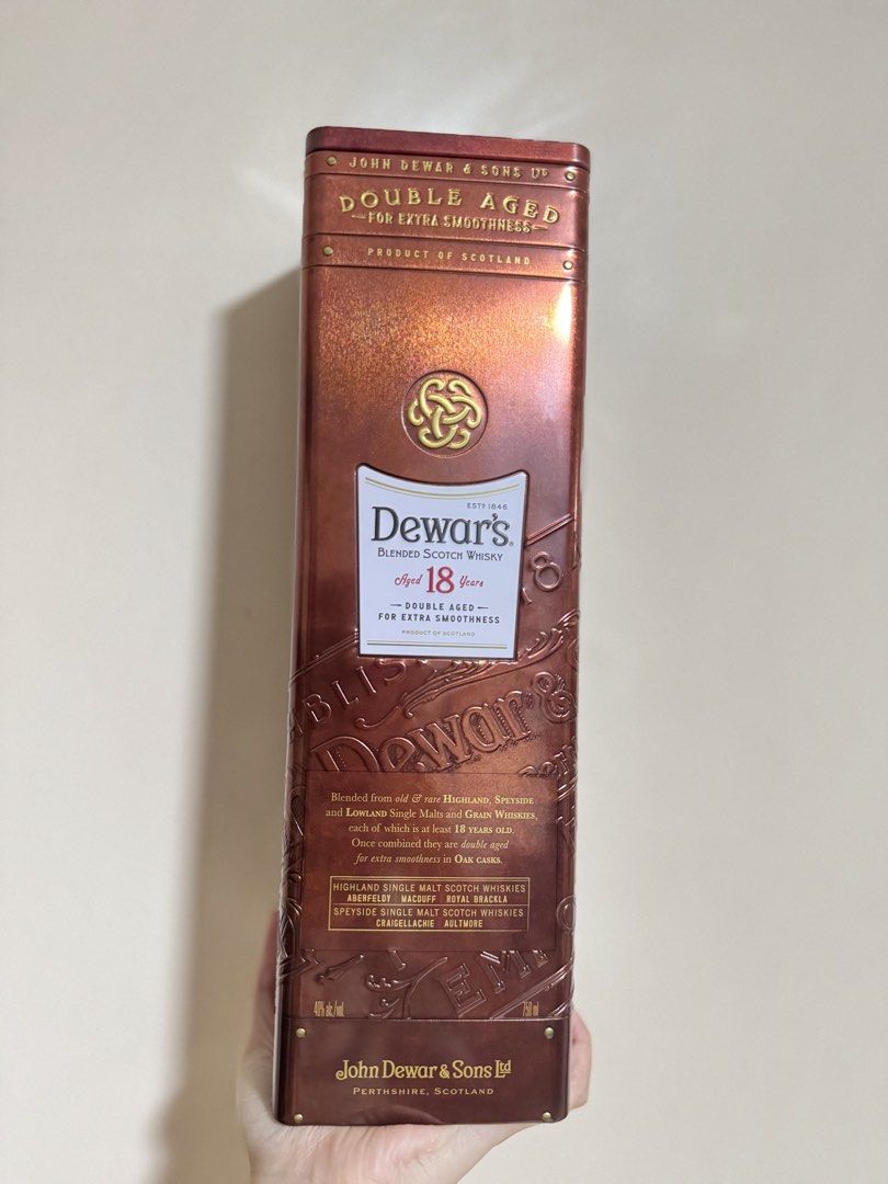 Dewar's 18 Year Old Blended Scotch Whisky (Category: Beverages) located in Manila. Submitted by shermaineg (Listing ID 1422760272, Image 2). Description: - Dewar's 18 Year Old Blended Scotch Whisky - 750ml bottle - Double aged for extra smoothness - Made in Scotland - Includes original box - Box features a copper-like finish - Bottle is sealed.