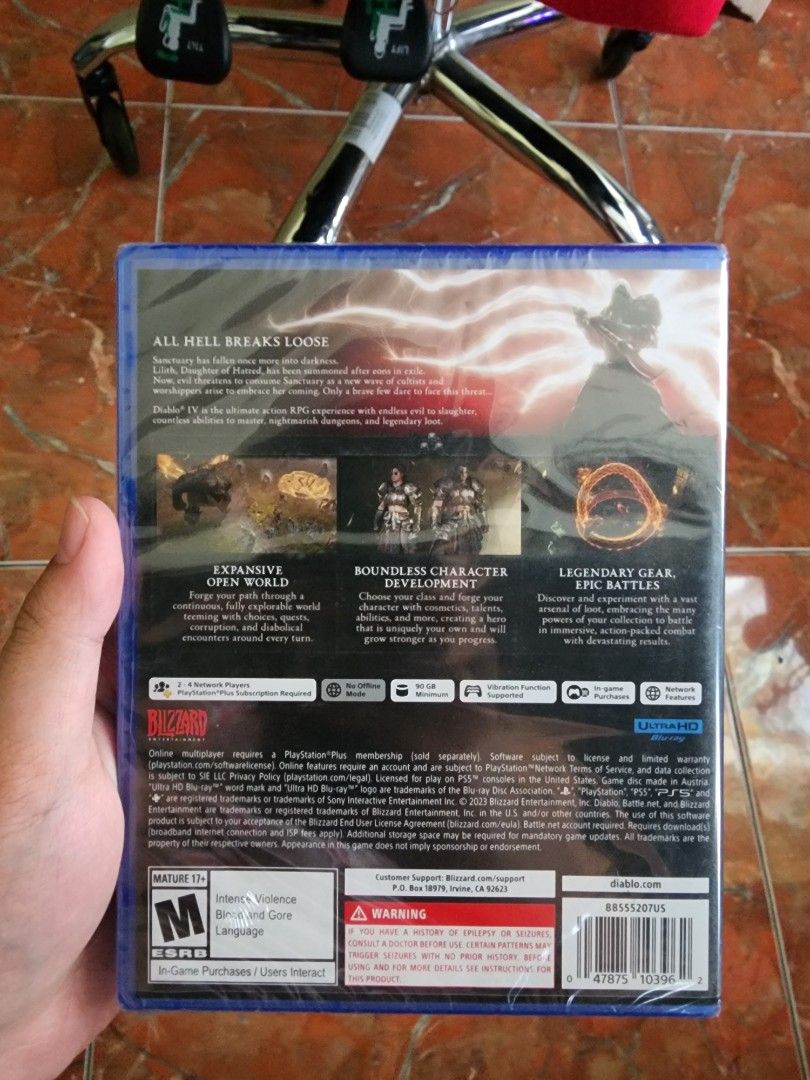 Diablo IV - PS5 (Category: PlayStation) located in Quezon City. Submitted by kurtmilitante (Listing ID 1422822114, Image 2). Description: - Diablo IV for PlayStation 5 - Still sealed in original packaging - Features epic battles and an expansive world - Mature rating (M).