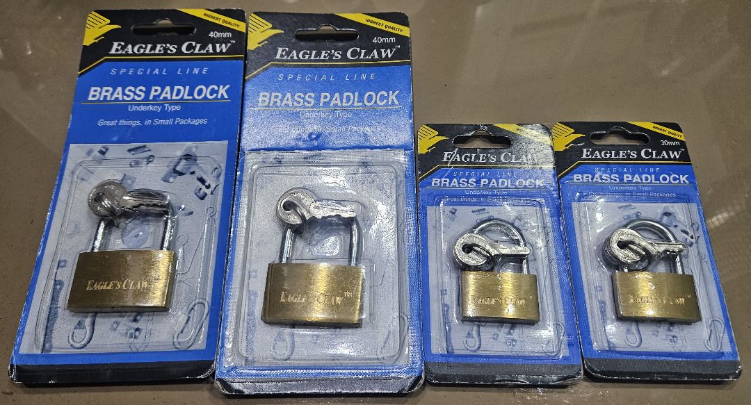 Eagle's Claw Brass Padlock (Category: Everything Else Others) located in Makati City. Submitted by KuWeLaDevil01 (Listing ID 1422803776, Image 2). Description: Eagle's Claw Brass Padlocks - Sizes: 30mm (2pcs) & 40mm (2pcs) - Underkey Type - Three (3) keys for each lock Bought extra that we will not use anymore. Price is for all four (4) items. We require payment first, accepting GCash or Bank Transfers, no COD..