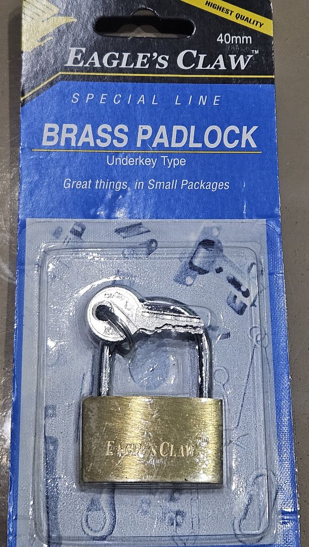 Eagle's Claw Brass Padlock (Category: Everything Else Others) located in Makati City. Submitted by KuWeLaDevil01 (Listing ID 1422803776, Image 3). Description: Eagle's Claw Brass Padlocks - Sizes: 30mm (2pcs) & 40mm (2pcs) - Underkey Type - Three (3) keys for each lock Bought extra that we will not use anymore. Price is for all four (4) items. We require payment first, accepting GCash or Bank Transfers, no COD..