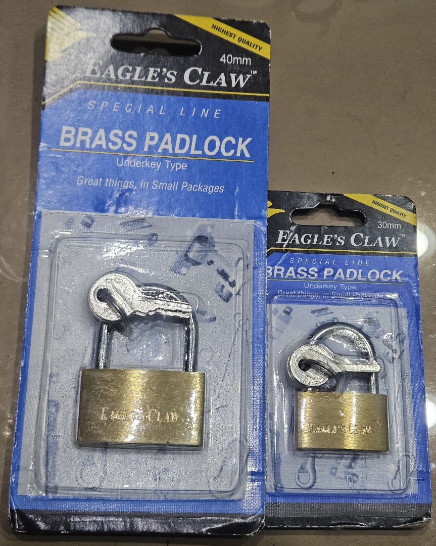 Eagle's Claw Brass Padlock (Category: Everything Else Others) located in Makati City. Submitted by KuWeLaDevil01 (Listing ID 1422803776, Image 1). Description: Eagle's Claw Brass Padlocks - Sizes: 30mm (2pcs) & 40mm (2pcs) - Underkey Type - Three (3) keys for each lock Bought extra that we will not use anymore. Price is for all four (4) items. We require payment first, accepting GCash or Bank Transfers, no COD..