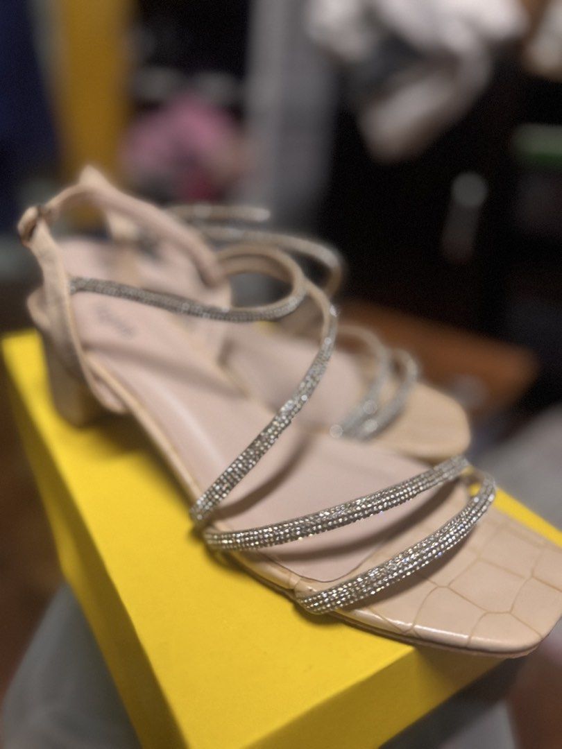 Figlia Norah Beige Sandals (Category: Flats & Sandals) located in Las Pinas. Submitted by declutterverse (Listing ID 1422870853, Image 2). Description: - Figlia Norah sandals - Beige color - Square toe design - Sparkling rhinestone straps - Block heel - Adjustable ankle strap - Brand marked sole - Comes with original box.