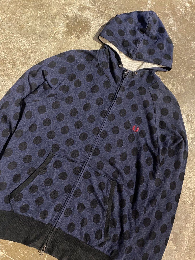 Fred Perry Polka Dots Zip Up Hoodie Jacket (Category: Hoodies) located in Cavite. Submitted by loadeadgears (Listing ID 1422773796, Image 2). Description: Fred Perry Polka Dots Zip Up Hoodie Jacket Size: Medium Dimes: W20 L26.5 SL24 Excellent condition Issue missing hood lace - Navy blue Fred Perry hoodie - Black polka dot design - Full zip closure - Two front pockets - Cream-colored hood interior - Embroidered Fred Perry logo - Made in Japan - S
