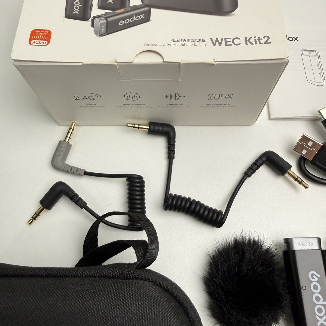 Godox WEC Kit2 Wireless Lavalier Microphone System (Category: Microphones) located in Quezon City. Submitted by jerreyess (Listing ID 1422867434, Image 3). Description: Godox WEC Kit2 Wireless Lavalier Microphone System Inclusions: - Receiver - 2 transmitters - 2 Furry windscreen - Charging case - 3.5mm TRS-TRRS Audio Cable - 3.5mm TRS-TRS Audio Cable - USB-A to USB-C Data Cable - Storage Box CONDITION: Like new. Minimal signs of use. MOP: GCash,