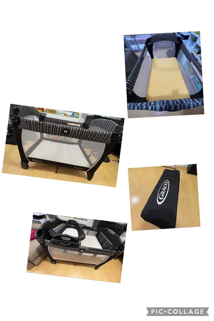 Graco Pack 'n Play Playard with mattress 2 organic bedsheets (Category: Cots & Cribs) located in Mandaluyong City. Submitted by katiecm (Listing ID 1422801149, Image 3). Description: - Graco Pack 'n Play playard - Stylish black and white patterned design - Includes mattress and carrying bag - Mesh sides for visibility and ventilation - Ready for immediate use - Graco logo visible.
