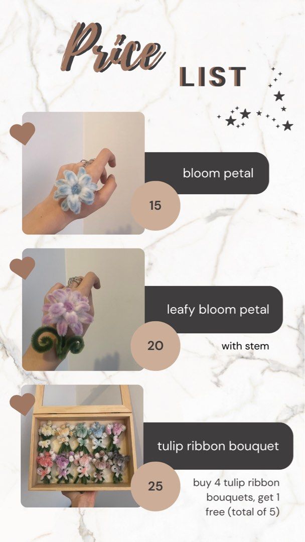 Handmade Fuzzy Wire Flowers | Bouquet (Category: Flowers & Bouquets) located in Cavite. Submitted by ay_earn (Listing ID 1422815157, Image 2). Description: Available for only ₱15.00 - ₱30.00 only | Minimum spend of ₱100.00! ── ⋆⋅☆⋅⋆ ── 🌸 Bloom Petal – ₱15 🌿 Leafy Bloom Petal – ₱20 🌷 Tulip Ribbon Bouquet – ₱25 ⊹₊⟡⋆ 💐 Bouquet Promo: Buy 4 Tulip Ribbon Bouquets, Get 1 Free (Total of 5) ── ⋆⋅☆⋅⋆ ── Available Colors: White is the base color. •Pure