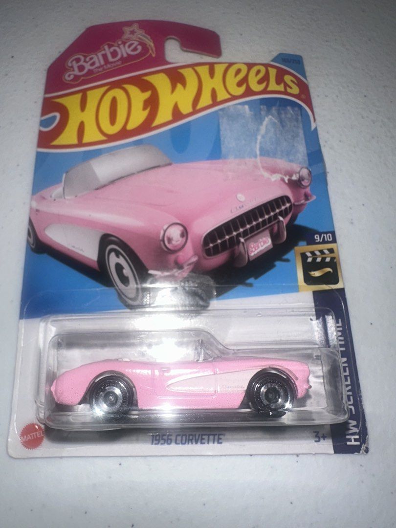Hot Wheels Barbie 1956 Corvette (Category: Vehicle & Diecast Models) located in San Pablo. Submitted by goldenfinds.co (Listing ID 1422718254, Image 1). Description: - Hot Wheels 1956 Corvette diecast car - Pink color - Part of the HW Screen Time series - From the Barbie collection - Number 9/10 in the series - New in packaging - Suitable for ages 3 and up With scratch due to removal of price tag.