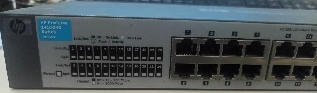 HP ProCurve 1400-24G Switch (Category: Nintendo) located in Manila. Submitted by ipstuff23 (Listing ID 1422844085, Image 1). Description: - HP ProCurve 1400-24G switch - 24 ports - Dual personality ports - Supports 10/100/1000Base-T and SFP - Ports labeled 1-24 - Power and link/activity indicators for each port - Made in China.