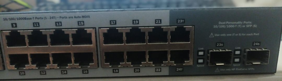 HP ProCurve 1400-24G Switch (Category: Nintendo) located in Manila. Submitted by ipstuff23 (Listing ID 1422844085, Image 3). Description: - HP ProCurve 1400-24G switch - 24 ports - Dual personality ports - Supports 10/100/1000Base-T and SFP - Ports labeled 1-24 - Power and link/activity indicators for each port - Made in China.