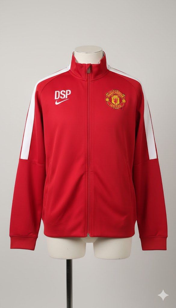 Nike Manchester United Track Jacket (Category: Coats, Jackets and Outerwear) located in Manila. Submitted by jepandan (Listing ID 1422805746, Image 1). Description: - Manchester United track jacket - Red color with white stripes on sleeves - Nike logo on chest - Full zip closure - High collar - "DSP" printed on chest - Made of athletic material.