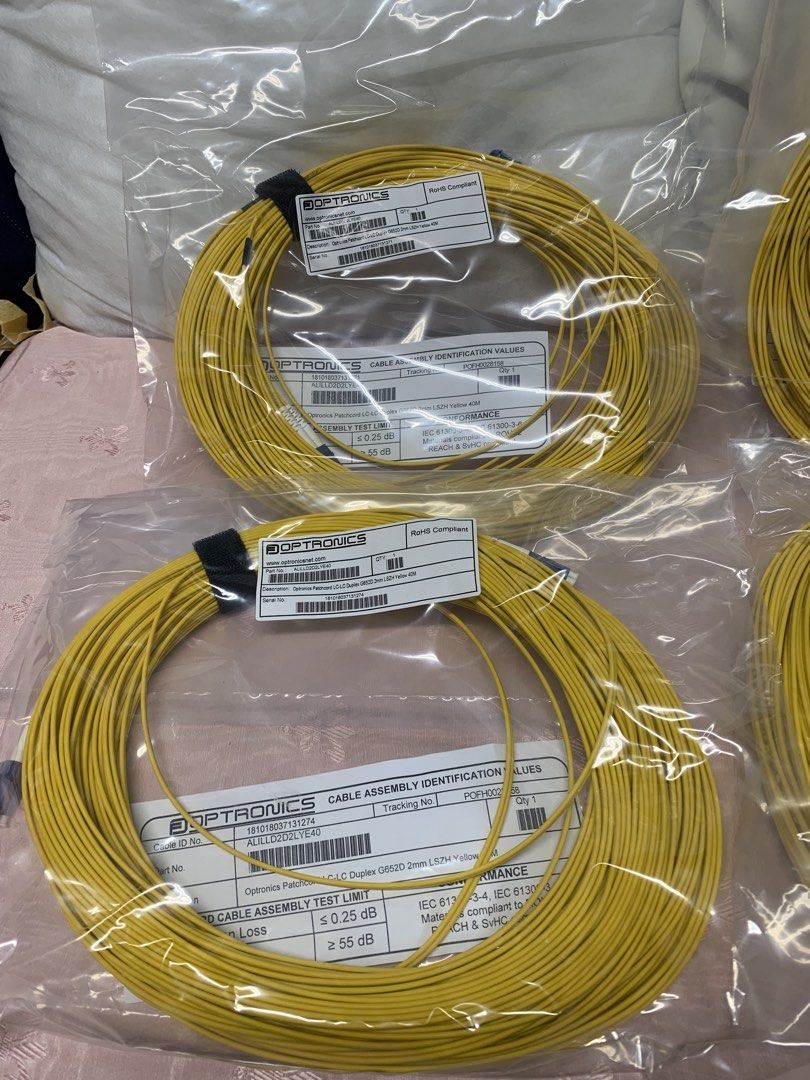 Optronics Patchcord LC-LC Duplex G652D 2mm LSZH Yellow 40M (4 pcs. pack) (Category: Cables & Adaptors) located in Paranaque City. Submitted by seb_trading (Listing ID 1422830947, Image 3). Description: 4 rolls pack Optronics brand RoHD compliant original brand cable heavy duty industrial grade water proof high quality fiber cable last price Paranaque area 10 packs of 4rolls available.