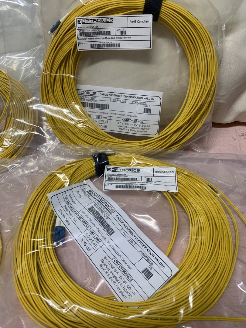 Optronics Patchcord LC-LC Duplex G652D 2mm LSZH Yellow 40M (4 pcs. pack) (Category: Cables & Adaptors) located in Paranaque City. Submitted by seb_trading (Listing ID 1422830947, Image 2). Description: 4 rolls pack Optronics brand RoHD compliant original brand cable heavy duty industrial grade water proof high quality fiber cable last price Paranaque area 10 packs of 4rolls available.