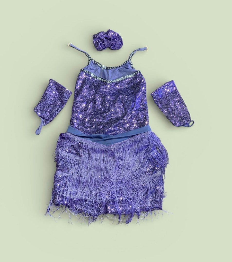 Purple Sequin Fringe Dress Set (Category: Babies & Kids Fashion) located in Quezon City. Submitted by rctechworld (Listing ID 1422733616, Image 1). Description: - Complete purple sequin dress set - Includes: sequin top, fringe skirt, arm cuffs, and scrunchie - Ideal for dance performances and themed parties - Ready-to-wear outfit - Makes a statement! -A1 quality - bought 3999 php - sale price 500 set only -jazz costume for kids -pro quality .