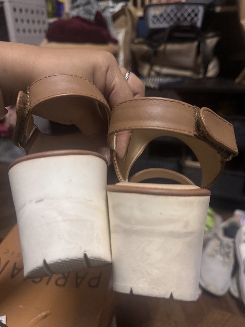 Sally Wedge Sandals - Mustard (Category: Wedges) located in Las Pinas. Submitted by declutterverse (Listing ID 1422870415, Image 2). Description: - Mustard-colored Sally wedge sandals - Brown leather upper - White wedge sole (needs whitening on the back part) - Adjustable strap for secure fit - Size: US 8 / EUR 38.5.