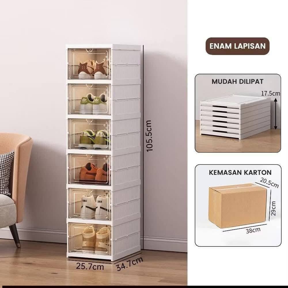 Stackable Shoe Organizer - 6 Layers (Category: Storage Boxes & Baskets) located in Manila. Submitted by haideshop (Listing ID 1422802464, Image 3). Description: Stackable shoe organizer features six layers for efficient shoe storage. It has a transparent door for easy visibility and a breathable design. The foldable design allows for easy storage when not in use. The organizer is sturdy and stable, with easy installation instructions. Dimensions: