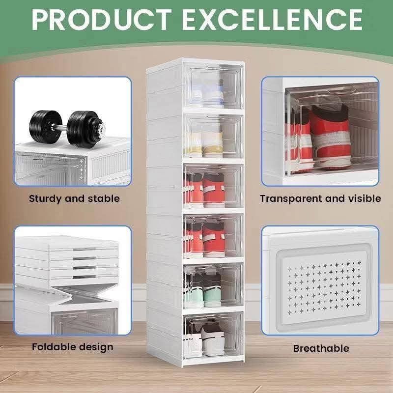 Stackable Shoe Organizer - 6 Layers (Category: Storage Boxes & Baskets) located in Manila. Submitted by haideshop (Listing ID 1422802464, Image 1). Description: Stackable shoe organizer features six layers for efficient shoe storage. It has a transparent door for easy visibility and a breathable design. The foldable design allows for easy storage when not in use. The organizer is sturdy and stable, with easy installation instructions. Dimensions: