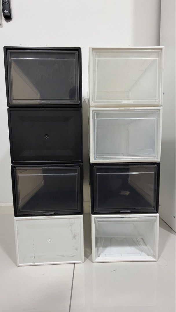 Stackable Sneaker Box (Category: Storage Boxes & Baskets) located in Petaling Jaya. Submitted by cocochutney (Listing ID 1422868340, Image 2). Description: 4 black 4 white One for RM15 All for RM110.