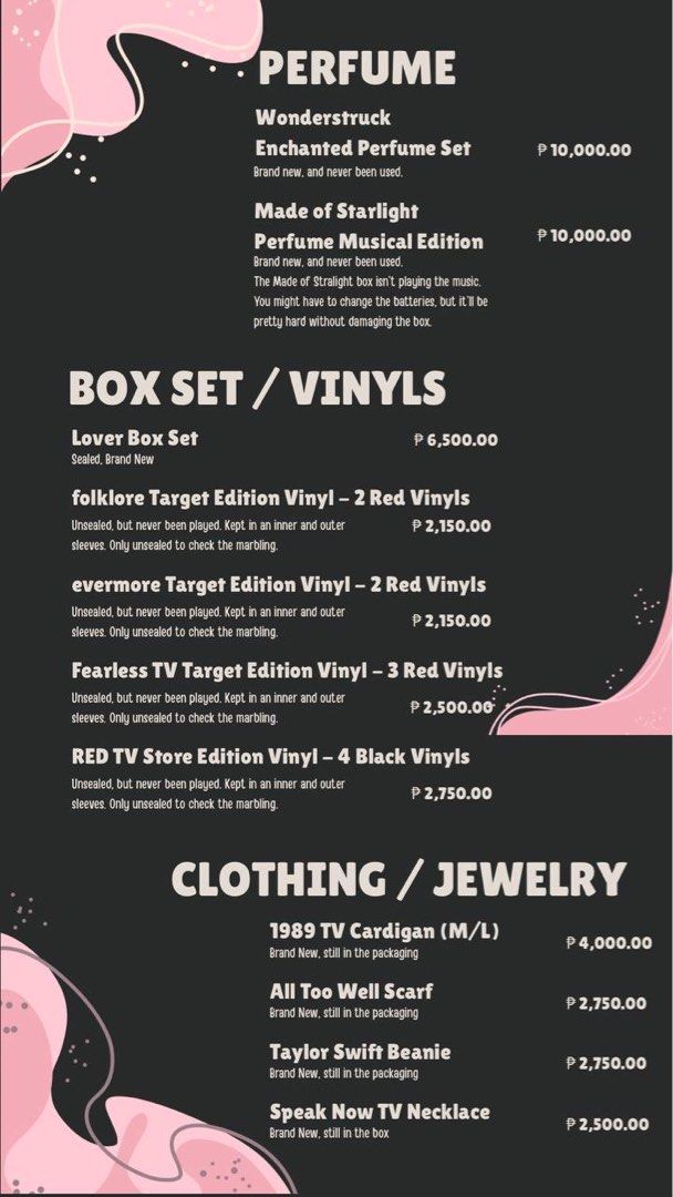 Taylor Swift folklore Target Edition Vinyl (Category: Vinyls) located in Cainta. Submitted by razzydelosreyes (Listing ID 1397210500, Image 2). Description: Hi, everyone! 🫶🏻✨ Selling the following merch from my personal collection. Please see items, condition, and prices in the list pictured. For the vinyls: Please note that they are unsealed, but never played. Only unsealed it to check. Each vinyl is placed in an inner and outer sleeves. Pleas
