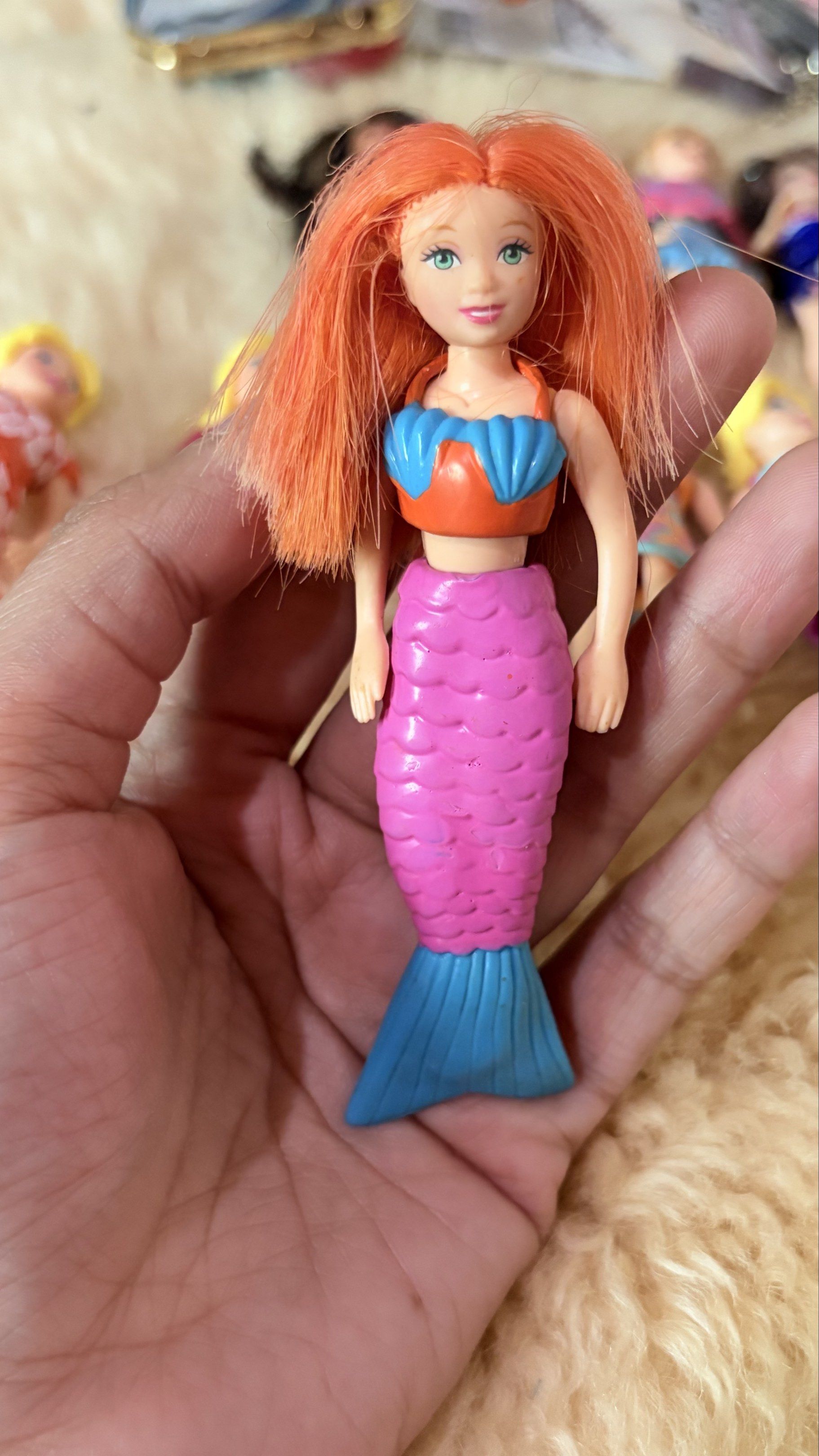 Vintage Polly Pocket Dolls (Category: Kids Toys) located in Baguio. Submitted by izza_thrifty (Listing ID 1422738552, Image 2). Description: - 120 each -Vintage Polly Pocket dolls - Includes mermaid and princess themes - Dolls in various outfits - Blonde, red, and dark hair colors - Small plastic dolls - Minor wear and tear present.