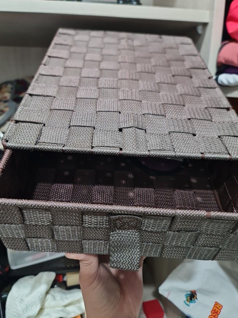 Woven 2 layer drawer black and brown (set) (Category: Storage Boxes & Baskets) located in Bacoor. Submitted by tataandkai (Listing ID 1422723539, Image 2). Description: - Woven 2-layer drawers - Available in black and brown - Features a unique woven design - Perfect for stylish organization brown has sign of storage discoloration. nastore lng sa walkin closet. .